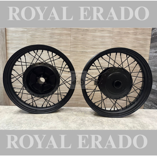Royal enfield front and rear 15” wheel rim in black powder coated 40 spokes for broad tyre at front and rear
