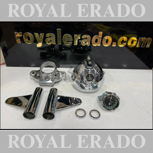 Royal enfield vintage g2 1962 old model bullet 350 chrome head light assembly for classic electra and standard bobber look ( old model g2 head light chrome , head light kaan bracket chrome , smith meter , handle yoke aluminium )