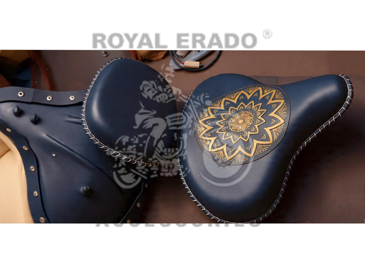 Royal Enfield Harley-style Vintage G2 1962 Old Model Bullet 350 Kabir Singh Style Black Leather Engraved Embossed Front Solo Seat With Backrest (Arjun Ready Seat) For Classic Electra Standard