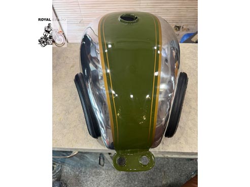 Royal Enfield Vintage G2 Style Chrome Aluminium Fuel Tank – Non-rusting, Olive Green Painted With Knee Pads – For Classic, Electra & Standard Uce Models