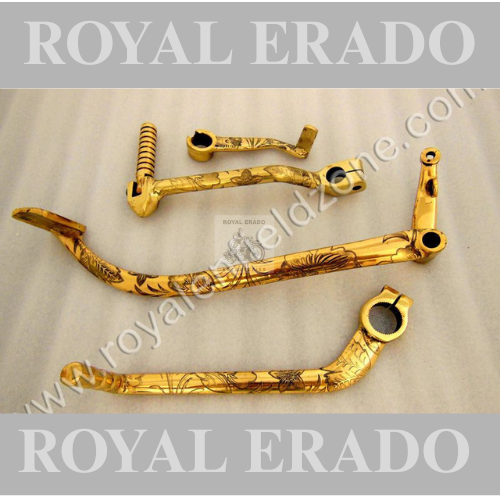 Royal Enfield engraved laser etching brass gear lever neutral lever kick lever and brake pedal combo for vintage G2 1962 old model bullet 350 standard electra cast iron engine ci engine.