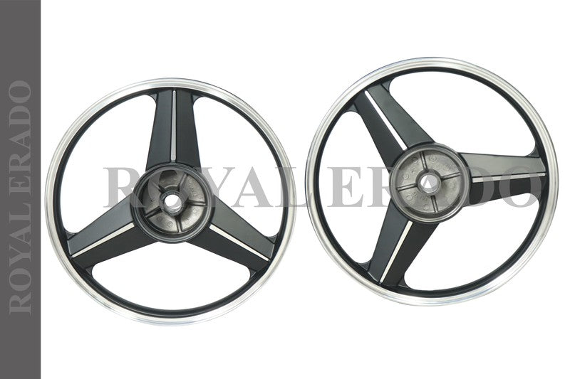 ROYAL ERADO Imported Mercedes Diamond black Alloy Wheel Set BIG drum brake | For Splendor I3S N SPLENDOR PLUS N SPLENDOR PRO / hf deluxe / passion / passion pro / super splendor / hero Honda new model splendor (front 18” drum and rear 18” big drum)