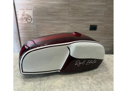 Royal Enfield Cafe Racer Gt 650 Style Custom Fuel Tank – Metallic Wine Red & Ivory White Dual Tone With Pinstripes – Custom Tank For Classic, Electra, Standard & Thunderbird