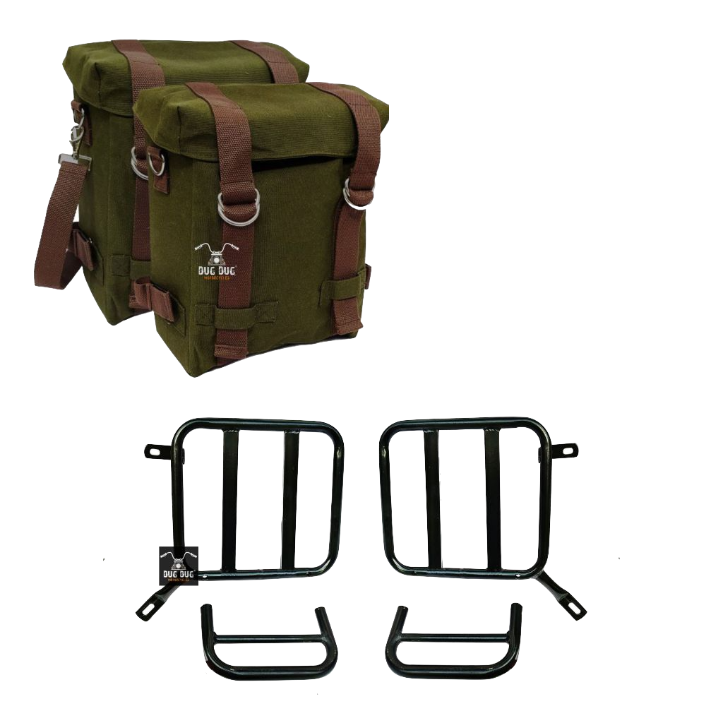 Canvas Bags and Saddle Stay Set for Royal Enfield Super Meteor 650 / METEOR 350 / / CLASSIC REBORN / CLASSIC OLD – ARMY GREEN