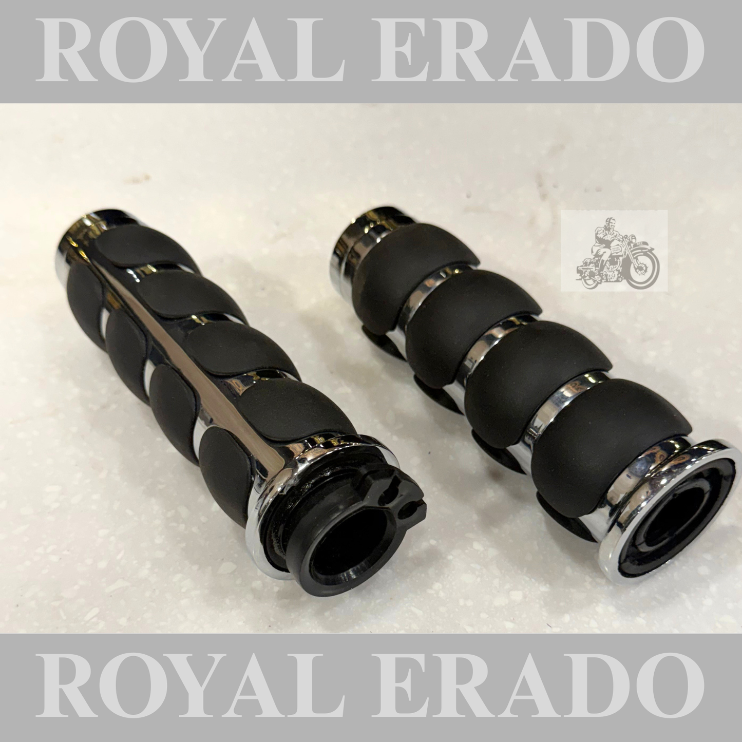 Royal Enfield Harley style grip in chrome for a comfortable ride with cushion on rubber for classic reborn Electra Standard, New Battalion Meteor 350, Hunter 350 Super Meteor 650 Interceptor & Continental GT 650, Thunderbird shotgun 650 Himalayan.