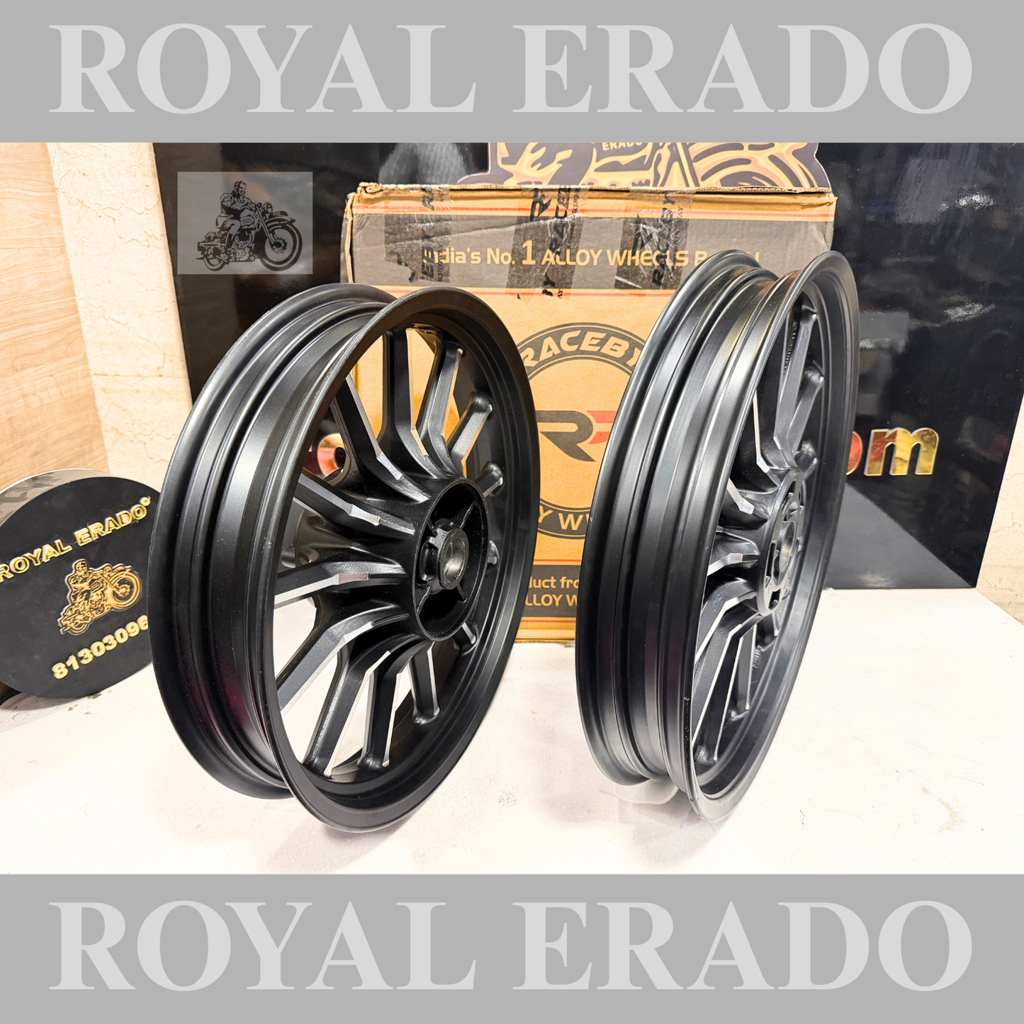 Raceby company Jawa alloy wheel front 18” disc and rear 17” disc in Harley style 13 spoke Matt black.