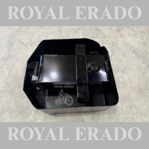 Royal Enfield old model Standard Electra cast iron engine, CI engine, 12 volt battery cover with stand in black.