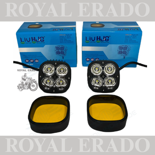 PAIR OF HJG UNIVERSAL 4 LED FOG light WITH YELOOW COVER for royal enfield classic , electra , standard , JAWA , THAR , ETC