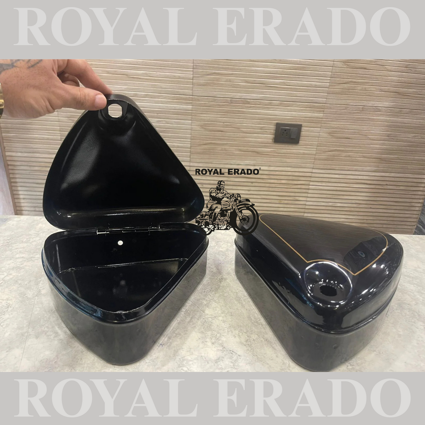 Vintage style tank and tool box for royal enfield g2 and old model standard & electra in metallic green with brass monogram