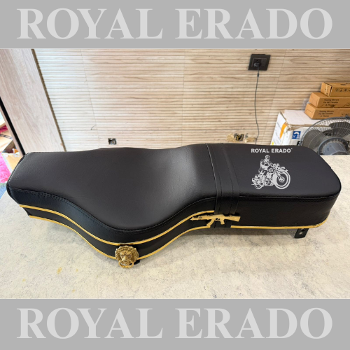 Royal Enfield seat with brass lion and brass AK-47 rifle gun logo, and golden plastic beading for classic Electra Standard Battalion reborn classic and vintage G2 1962 old model bullet 350.