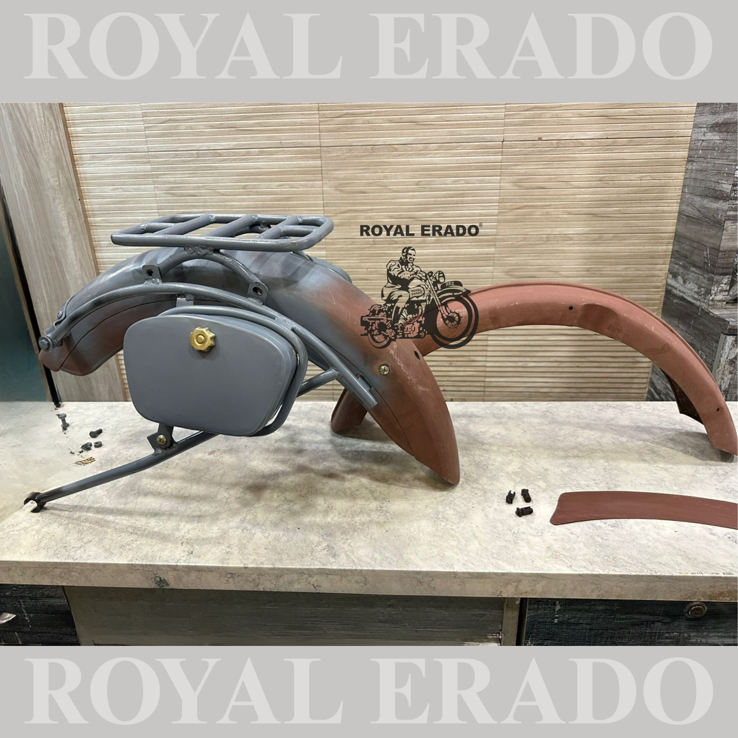Royal Enfield complete vintage g2 1962 old model kit with g2 indori mudguards , rear pillion seat carrier and rear stay tool boxes