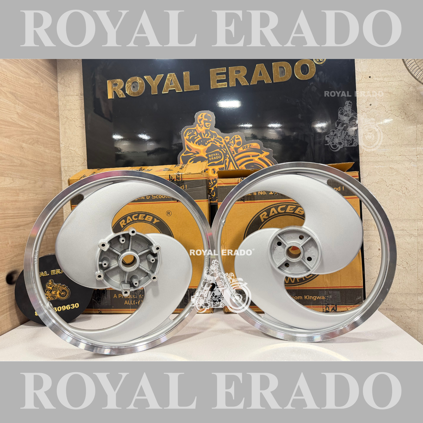 Kingway / Raceby 2s 2 spoke broad S Silver Alloy wheel for Royal Enfield classic single disc and standard 500cc ( front 19” disc & rear drum 18” )