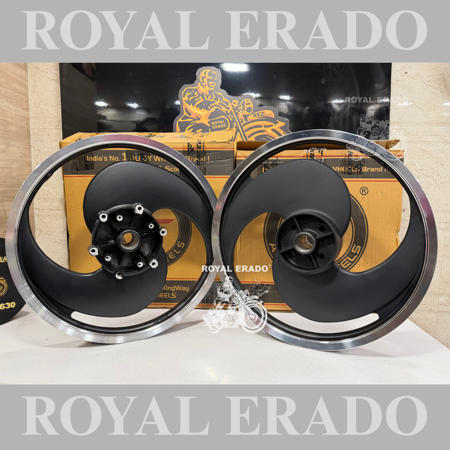 Kingway / Raceby 2s 2 spoke broad S Black Alloy wheel for Royal Enfield classic single disc and standard 500cc ( front 19” disc & rear drum 18” )