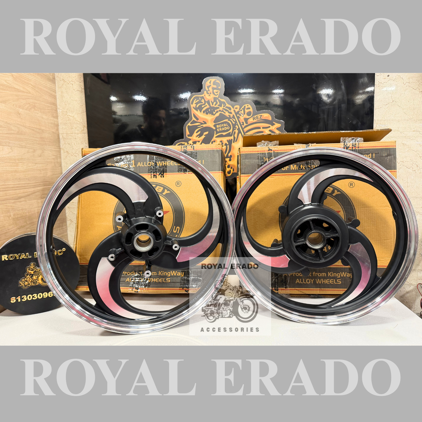 Raceby / Kingway 3S & 3 Spoke Talwar Black Alloy wheel for Royal Enfield reborn classic single disc and new standard battalion after 2022 model ( front 19” disc & rear drum 18” )