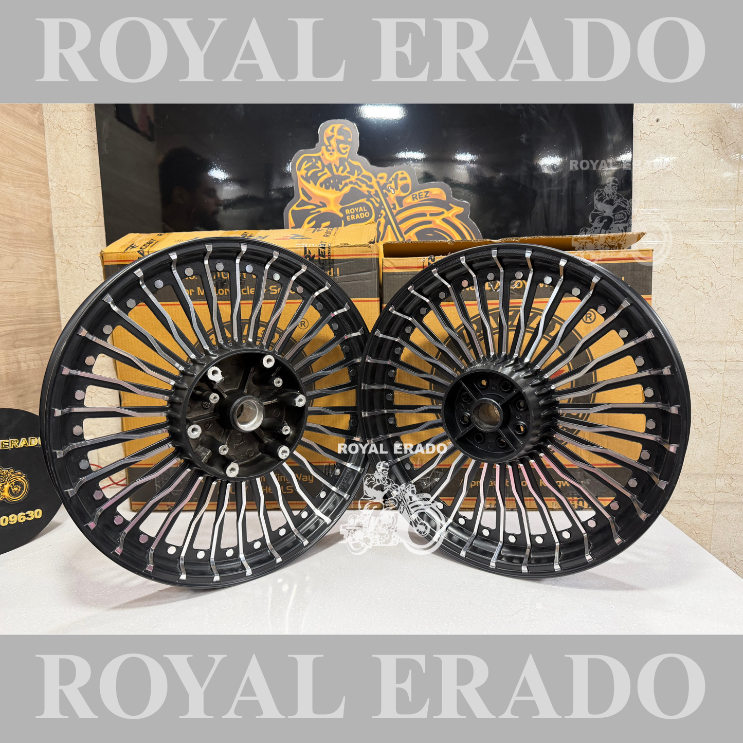 Raceby Kingway 22 spoke harley design Black Alloy wheel for Royal Enfield reborn classic single disc and new standard battalion after 2022 model ( front 19” disc & rear drum 18” )