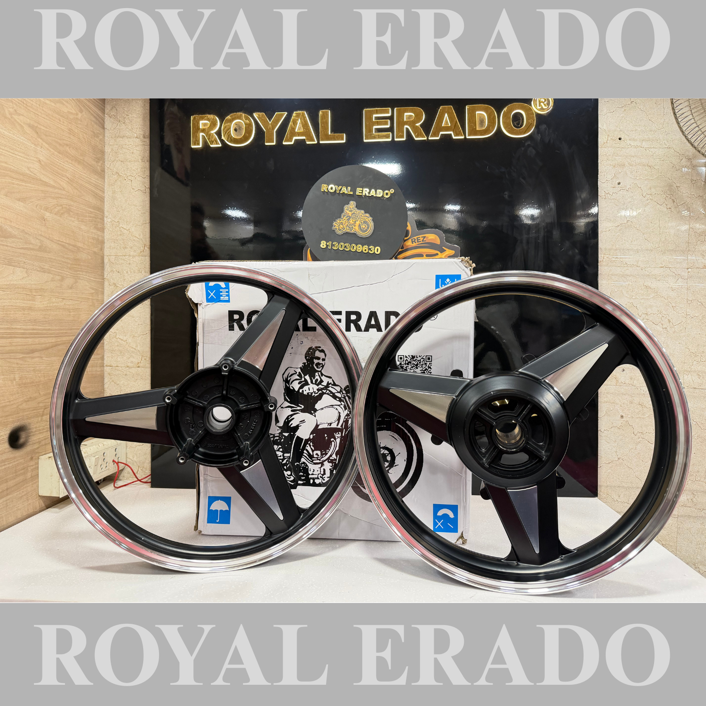 ROYAL ERADO DIAMOND MERCEDES BLACK Alloy wheel for Royal Enfield reborn classic single disc and new standard battalion after 2022 model ( front 19” disc & rear drum 18” )