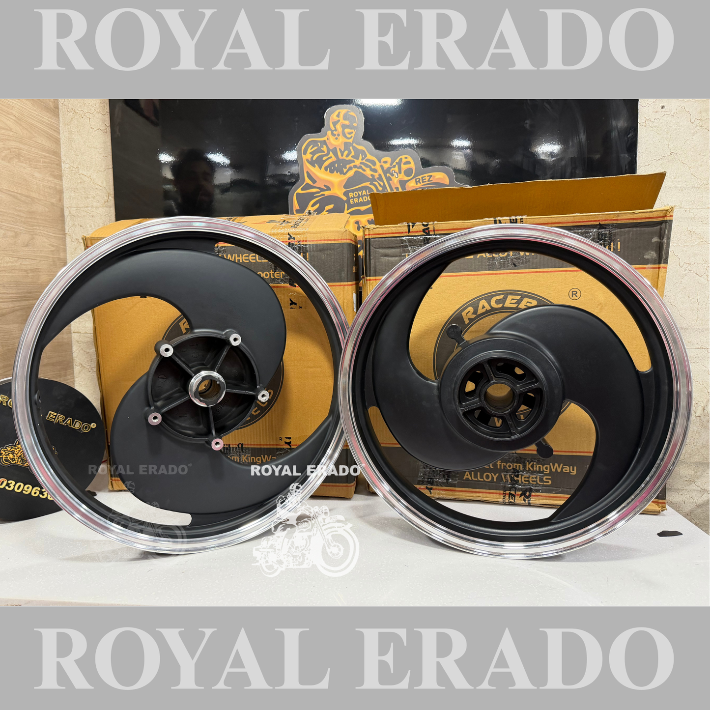 Kingway / raceby 2S broad S 2 Spoke Black Alloy wheel for Royal Enfield reborn classic single disc and new standard battalion after 2022 model ( front 19” disc & rear drum 18” )