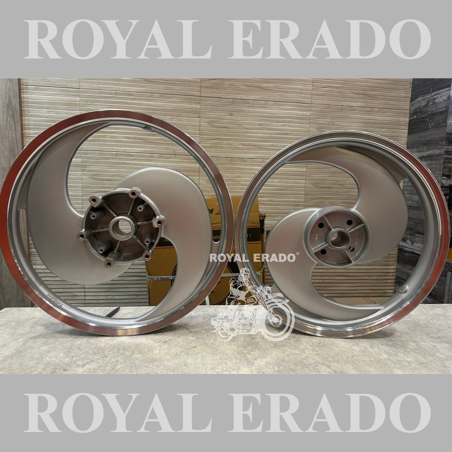 Kingway / Raceby 2s 2 spoke broad S Silver Alloy wheel for Royal Enfield classic single disc and standard 500cc ( front 19” disc & rear drum 18” )