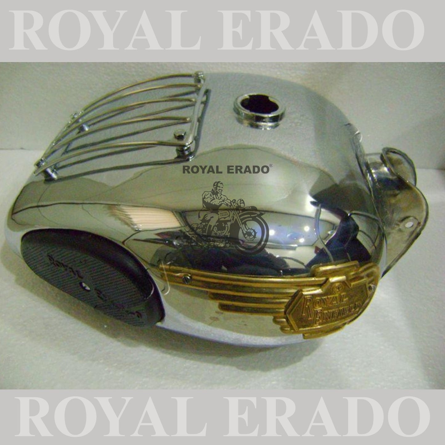 Royal Enfield Classic Electra Standard 18 to 20 litters tank in chrome with grill and knee pad brass monogram