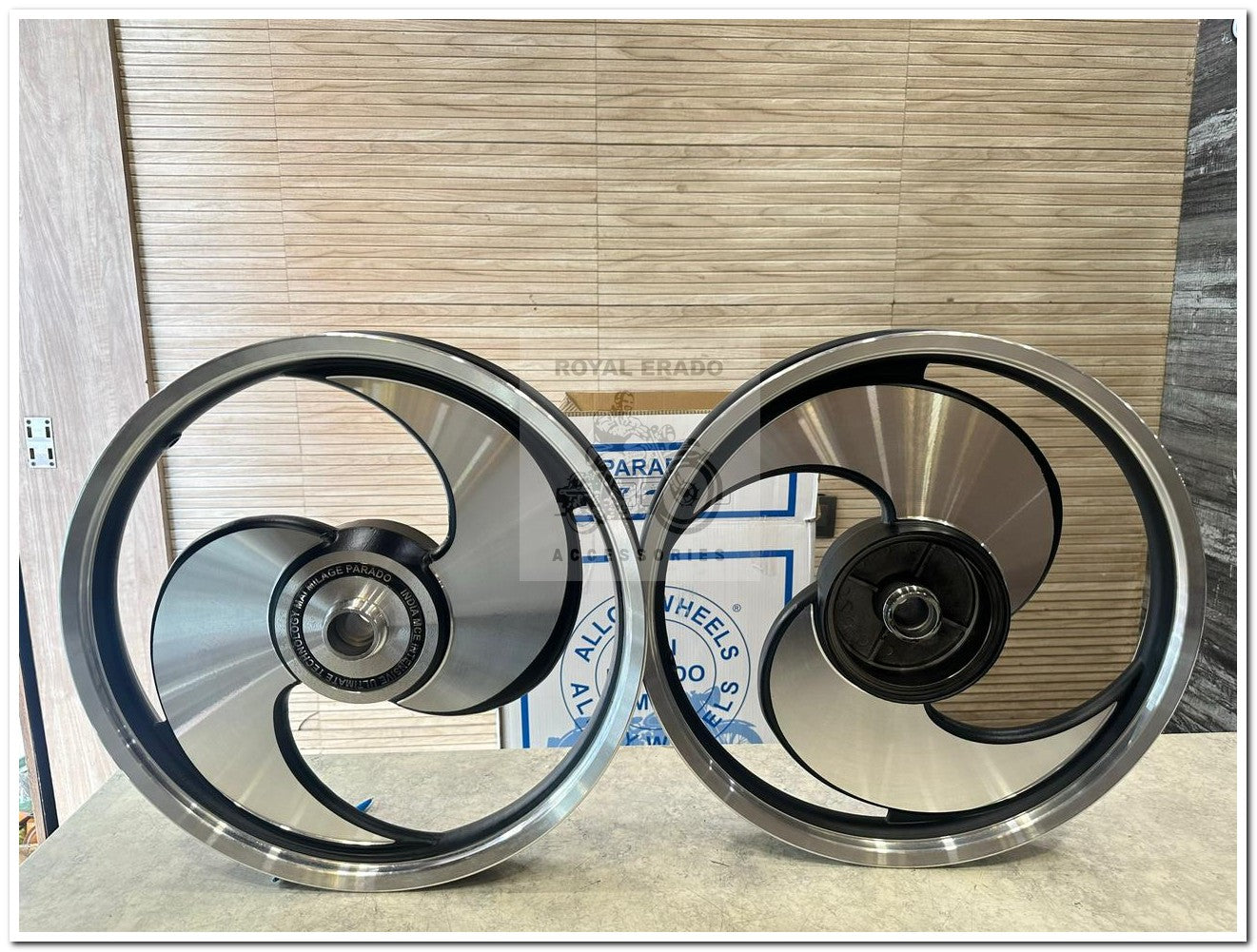 MAI Parado S Design Broad S CNC 2 Spoke big s Talwar Black Alloy Wheel | For Splendor I3S N SPLENDOR PLUS N SPLENDOR PRO / hf deluxe / passion / passion pro / super splendor / hero Honda new model splendor (front 18” drum and rear 18” big drum)