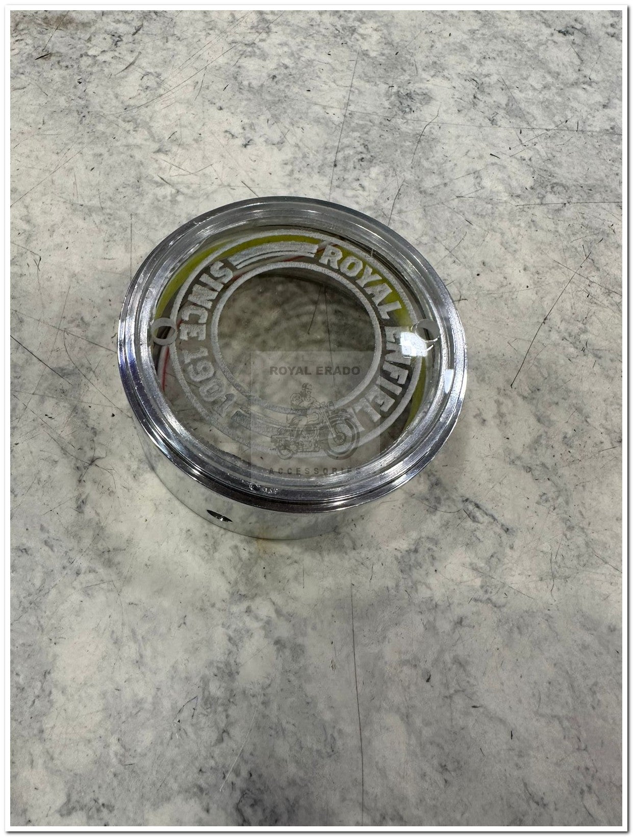 Royal Enfield vintage g2 1962 old model bullet 350 Standard Electra Ci engine cast iron engine point cover Delco cap with glass in chrome with leg light and Royal Enfield logo, which shows the spark inside the bike.