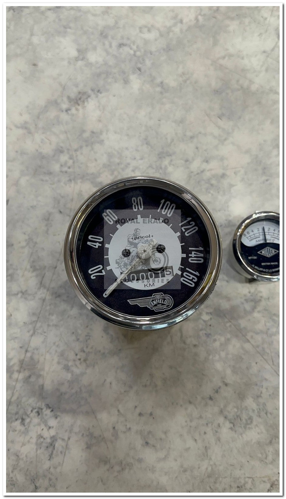 Royal enfield vintage g2 1962 old model bullet 350 standard electra replica pricole Enfield written speedometer meter 160 km black and white colour