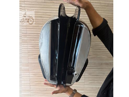 Royal Enfield Vintage Machismo Style 14 Gauge Chrome Aluminium Fuel Tank – Non-rusting, Black & Chrome With Gold Pinstripes & Knee Pads – For Classic, Electra, Standard, Vintage G2