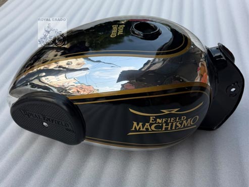 Royal Enfield Vintage Machismo Style 14 Gauge Chrome Aluminium Fuel Tank – Non-rusting, Black & Chrome With Gold Pinstripes & Knee Pads – For Classic, Electra, Standard, Vintage G2