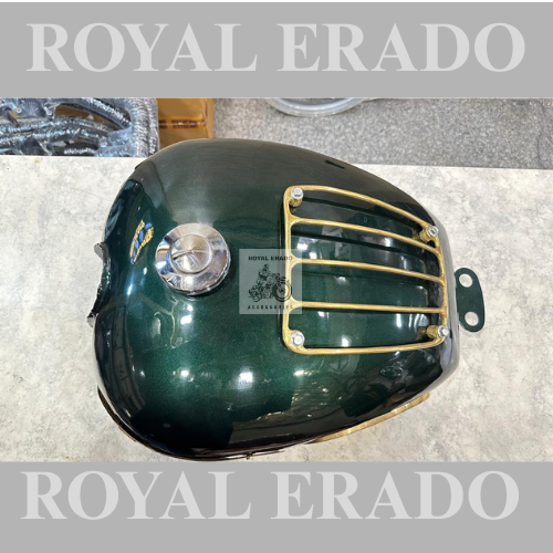 Royal enfield vintage g2 1962 old model bullet 350 classic electra standard thunderbird tank in forest green colour with brass grill and brass knee pads and brass tank monogram