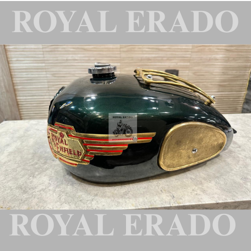 Royal enfield vintage g2 1962 old model bullet 350 classic electra standard thunderbird tank in forest green colour with brass grill and brass knee pads and brass tank monogram
