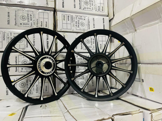 ROYAL ERADO Imported 13 spoke Alloy Wheel Set BIG drum brake | For Splendor I3S N SPLENDOR PLUS N SPLENDOR PRO / hf deluxe / passion / passion pro / super splendor / hero Honda new model splendor (  front 18” drum and rear 18” big drum )