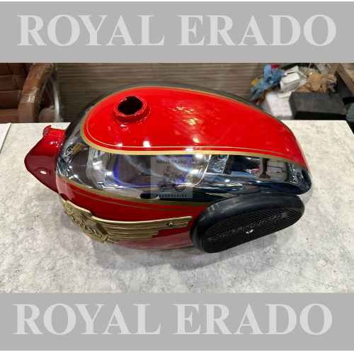 Royal enfield vintage g2 1963 old model bullet 350 standard classic Electra chrome red tank with brass monogram and rubber knee pad in 13 to 14 litters