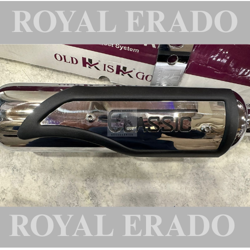 Royal enfield reborn classic and battalion standard Hk Indore silencer exhaust in chrome with heat plate with dug dug sound , medium sound