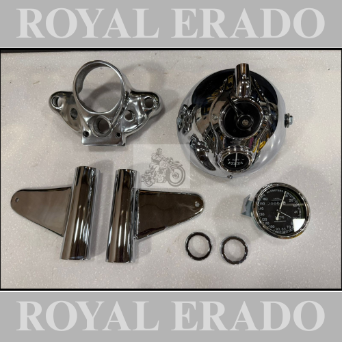 Royal enfield vintage g2 1962 old model bullet 350 chrome head light assembly  for classic electra and standard bobber look ( old model g2 head light chrome , head light kaan bracket chrome  , smith meter , handle yoke aluminium )