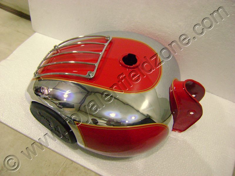18 TO 20 LITERS RED (CAN BE PAINTED ACCORDING TO YOUR BIKE )TANK FOR ROYAL ENFIELD WITH CHROME GRILL & RUBBER KNEE PAD