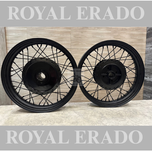 Royal enfield front and rear 15” wheel rim in black powder coated 40 spokes for broad tyre at front and rear
