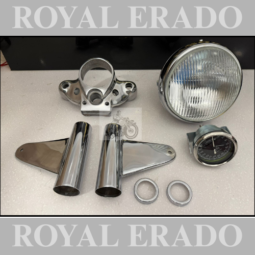 Royal enfield vintage g2 1962 old model bullet 350 chrome head light assembly  for classic electra and standard bobber look ( old model g2 head light chrome , head light kaan bracket chrome  , smith meter , handle yoke aluminium )