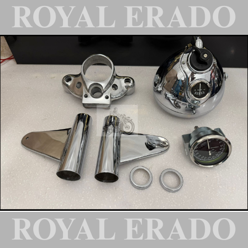 Royal enfield vintage g2 1962 old model bullet 350 chrome head light assembly  for classic electra and standard bobber look ( old model g2 head light chrome , head light kaan bracket chrome  , smith meter , handle yoke aluminium )