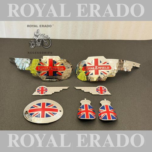 Made In England &nbsp;chrome Kit With Tank Monogram, Rear Mudguard, Cad &amp; Toolbox Bullet 350 Monogram , Rear Shocker Crown Monogram Logo Badge For Vintage G2 1972 Old Model Bullet 350 Royal Enfield Classic, Electra, Standard Reborn Classic