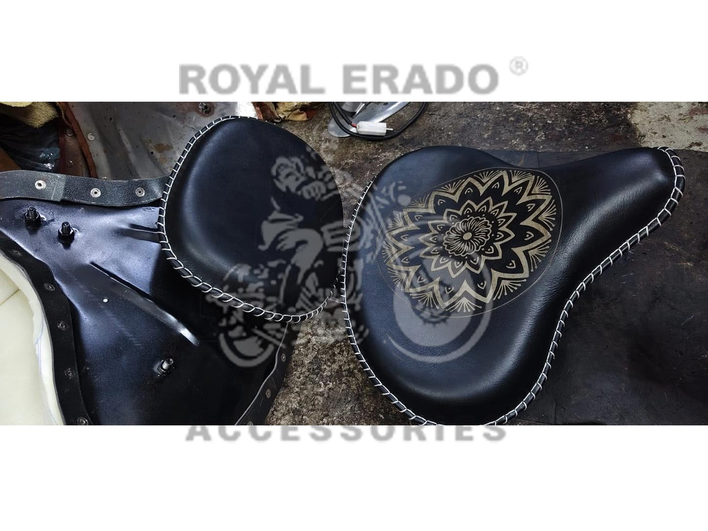 Royal Enfield Harley-style Vintage G2 1962 Old Model Bullet 350 Kabir Singh Style Black Leather Engraved Embossed Front Solo Seat With Backrest (Arjun Ready Seat) For Classic Electra Standard