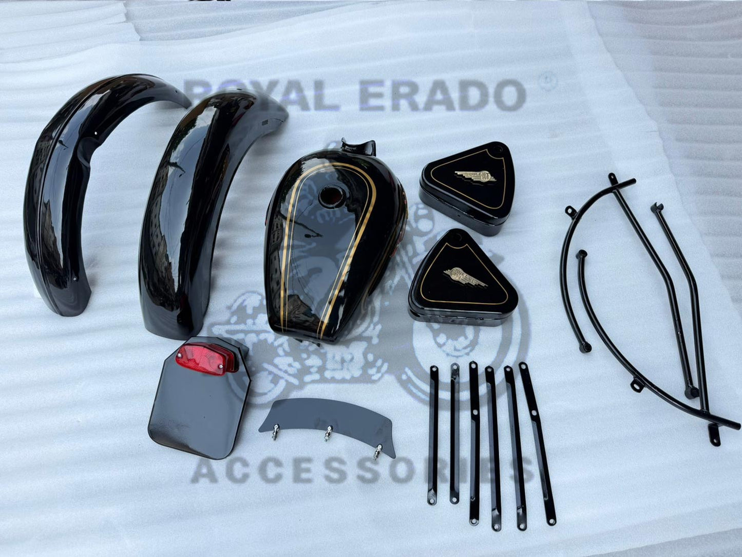 Vintage G2 Indore kit black, 1962 old model Bullet 350 kit (G2 mudguard with front and rear stays & front & rear number plate with tail light, G2 tank with monogram & toolbox flat for Royal Enfield Classic Electra Standard before 2013 model