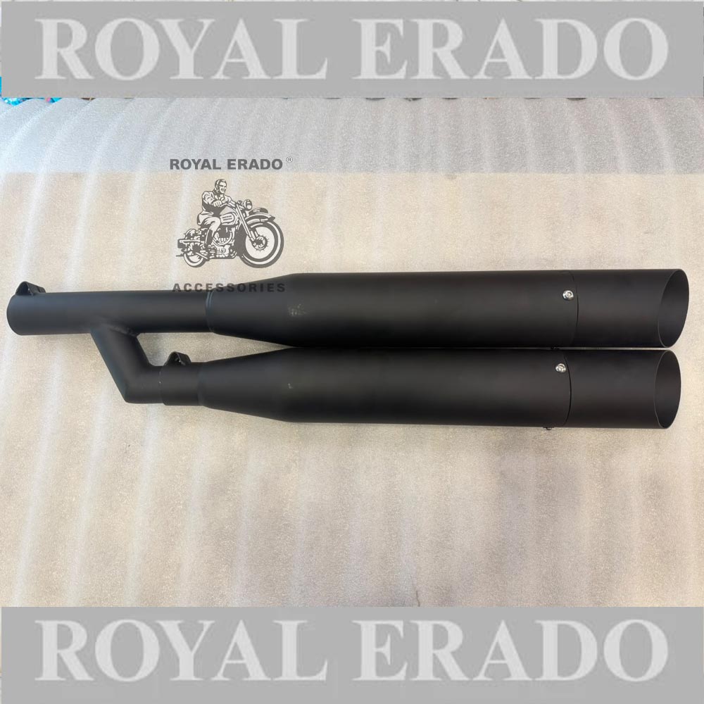 Royal enfield black double silencer with glass wool gives base sound for classic electra standard thunderbird reborn classic , new battalion standard