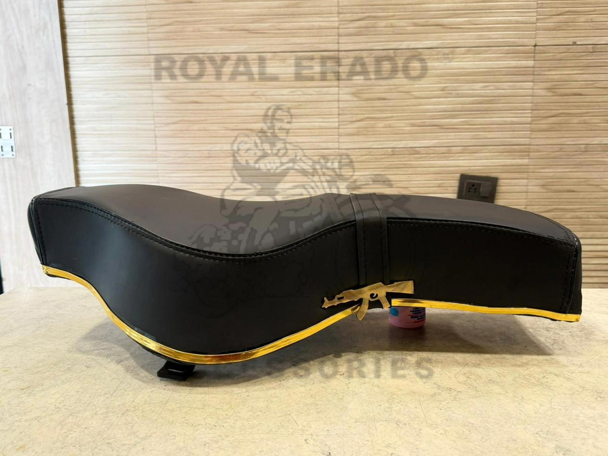 Vintage G2 1962 Old Model Bullet 350 Style Indore Seat With Golden Beading & Brass Gun Ak-47 Logo Royal Enfield For Classic Electra Standard