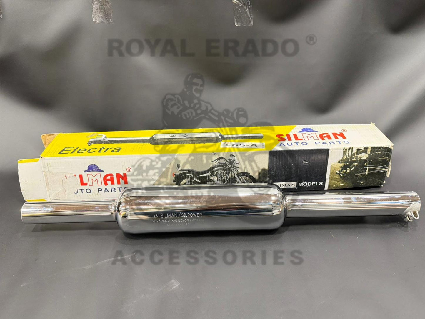 Silman Company Indore Silencer Medium Sound With Filter Baffle Chrome Exhaust For Royal Enfield Short Bend Pipe CI Engine Standard Electra