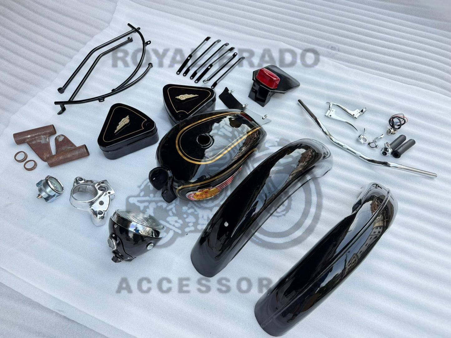 Vintage G2 Kit Indore Kit In Black (G2 Mudguard With Front And Rear Stays & Front & Rear Number Plate With Tail Light, G2 Tank With Monogram & Toolbox, Lever Handle Kit & G2 Head Light Assembly)