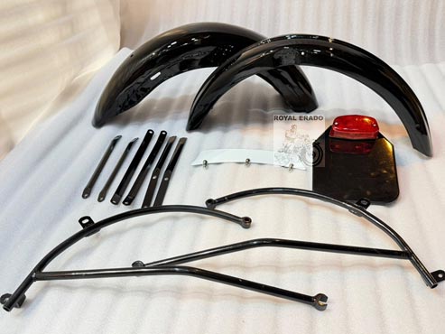 Royal Enfield Front And Rear G2 1962 Model Black Painted Mudguard With Stays & Front, Rear Number Plate For Classic Electra Standard