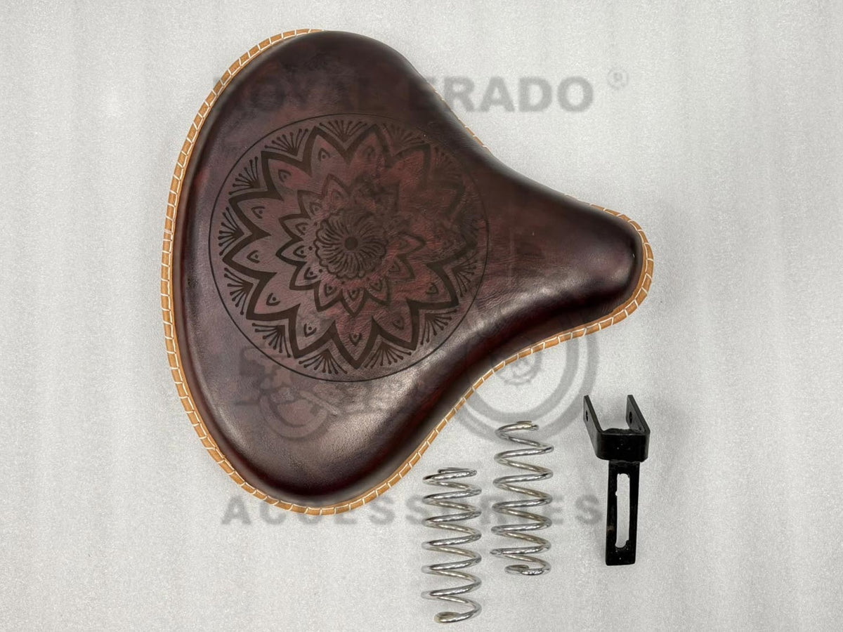 Royal Enfield Vintage G2 1962 Old Model Bullet 350 Kabir Singh Style Dark Burgundy Brown Leather Engraved Embossed Front Solo Seat (Arjun Ready Seat) For Classic Electra Standard Reborn Classic