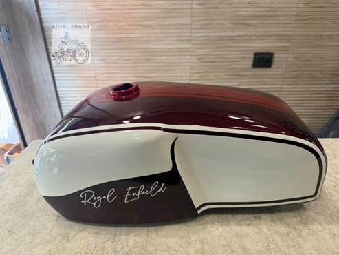 Royal Enfield Cafe Racer Gt 650 Style Custom Fuel Tank – Metallic Wine Red & Ivory White Dual Tone With Pinstripes – Custom Tank For Classic, Electra, Standard & Thunderbird