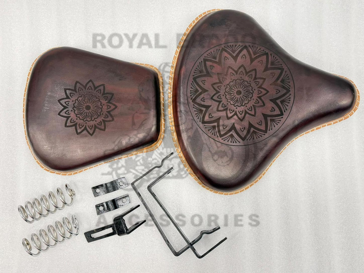 Royal Enfield Vintage G2 1962 Old Model Bullet 350 Kabir Singh Style Dark Burgundy Brown Leather Engraved Embossed Seat (Arjun Ready Seat) For Classic Electra Standard Reborn Classic