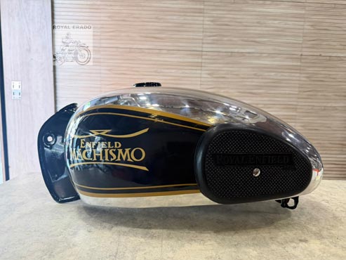 Royal Enfield Vintage Machismo Style 14 Gauge Chrome Aluminium Fuel Tank – Non-rusting, Black & Chrome With Gold Pinstripes & Knee Pads – For Classic, Electra, Standard, Vintage G2